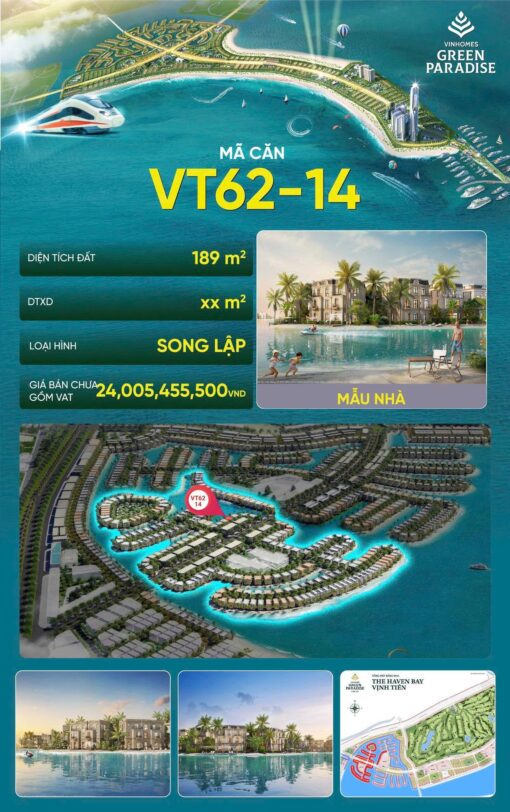 Bán căn Vip VT62-14 biệt thự song lập, phía sau nhà là bãi biển, không gian nghỉ dưỡng trong lành, lý tưởng an cư kết hợp đầu tư sinh lời